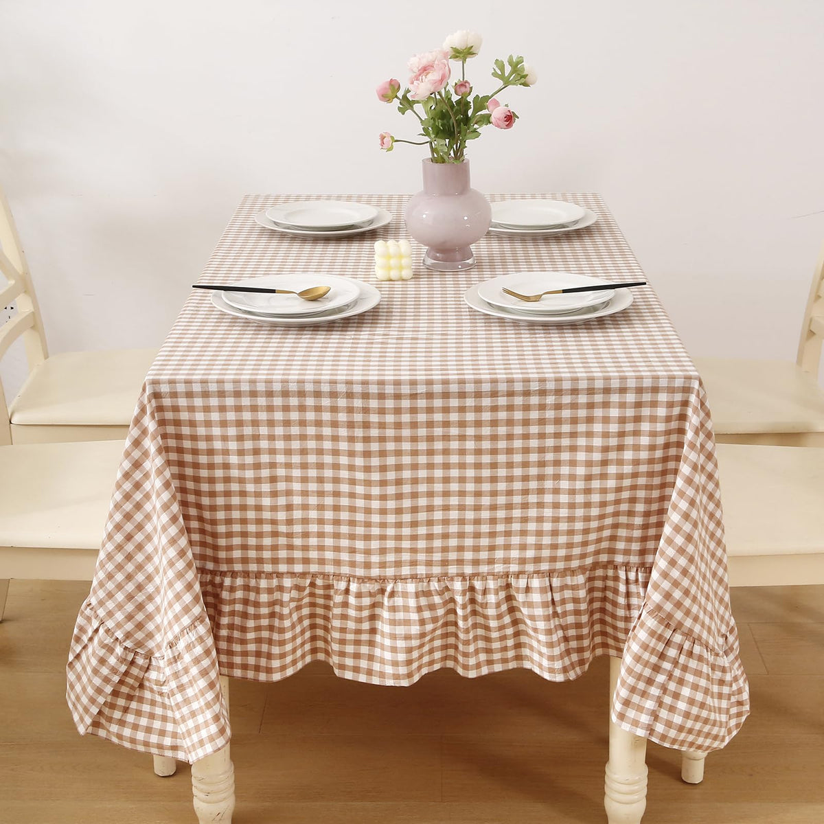 Taupe White Gingham Ruffled Tablecloth 120"x60"