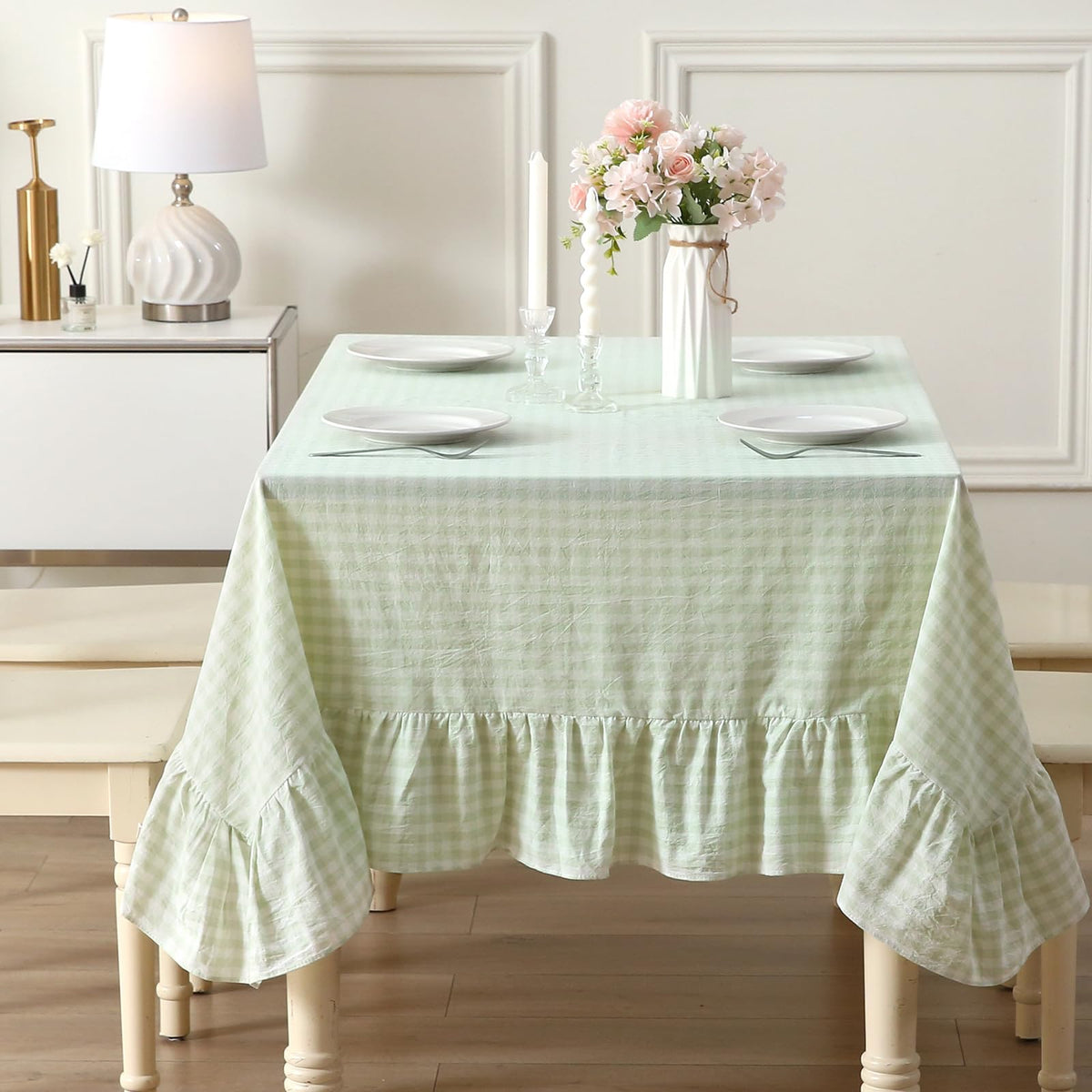 Taupe White Gingham Ruffled Tablecloth 120"x60"
