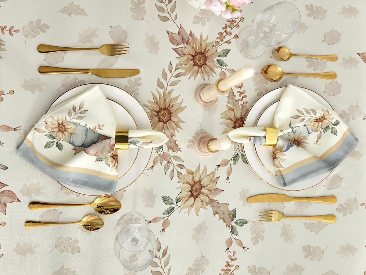 YiHomer Blue Pumpkin Bordered Thanksgiving Tabletop, Stonewashed Fall Pumpkin and Sunflower Cottage Print Easy Care Fabric, Farmhouse Harvest, Tablecloth, 52 x 52 Square