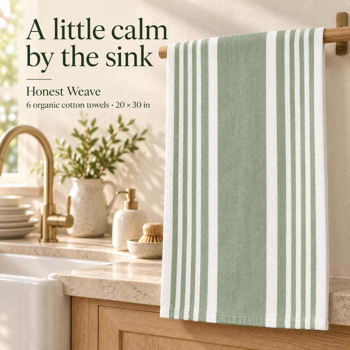 HONEST WEAVE Organic Cotton Kitchen Towels, Sage Stripe, 6-Pack, 20x30 in