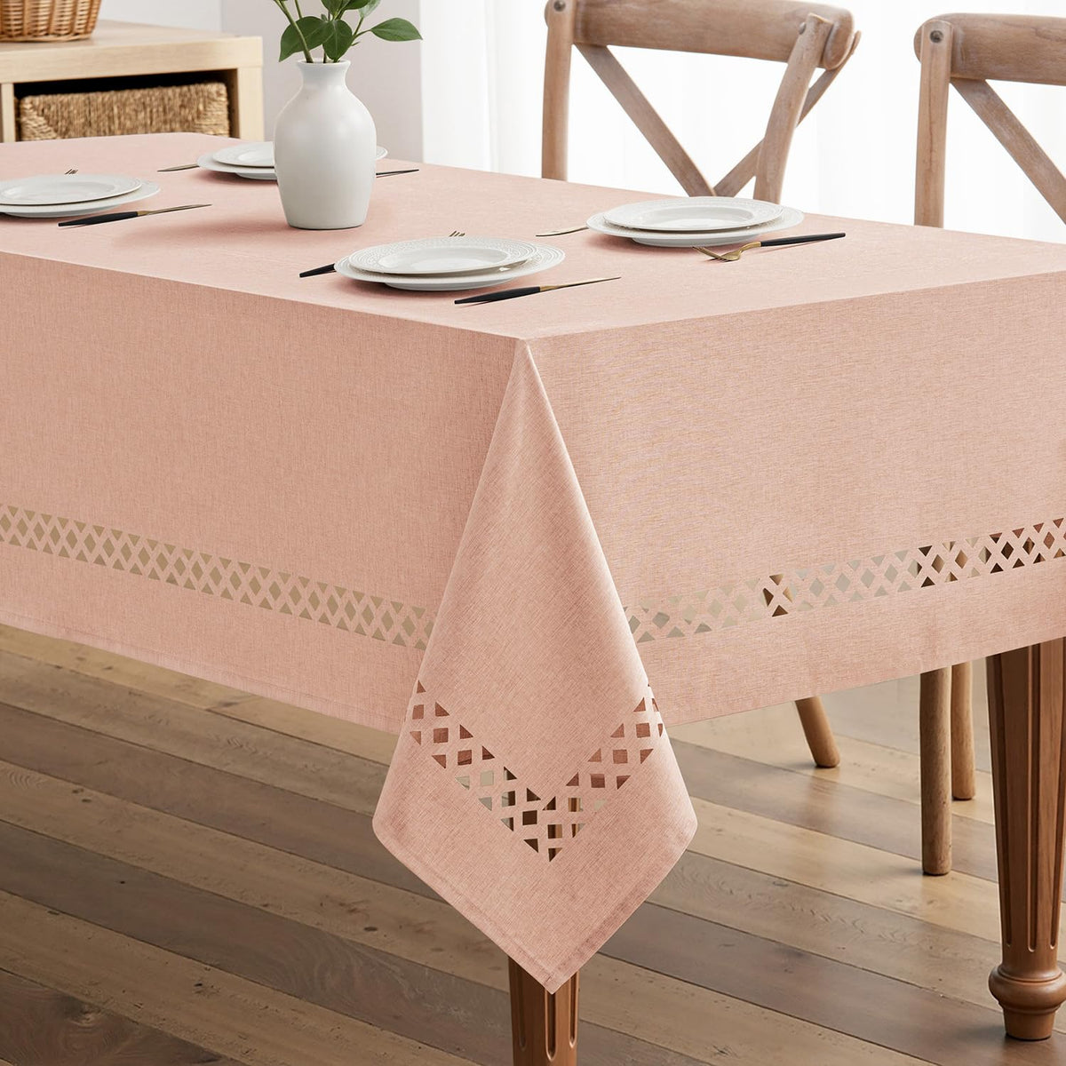 MIULEE Beige Rectangle Tablecloth with Decorative Cutouts 60x84 Inch