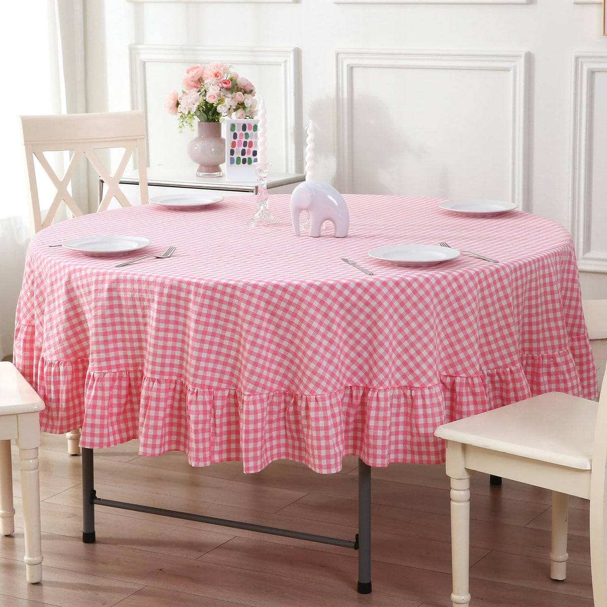 Taupe White Gingham Ruffled Tablecloth 120"x60"