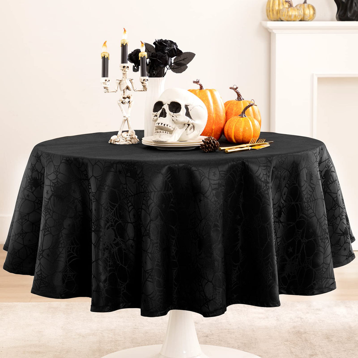 joybest Halloween Tablecloth Black Spider Web Table Cloth Spillproof Fabric Table Cover for Dining Party, Halloween Decorations, Rectangle 60 x 84 Inch