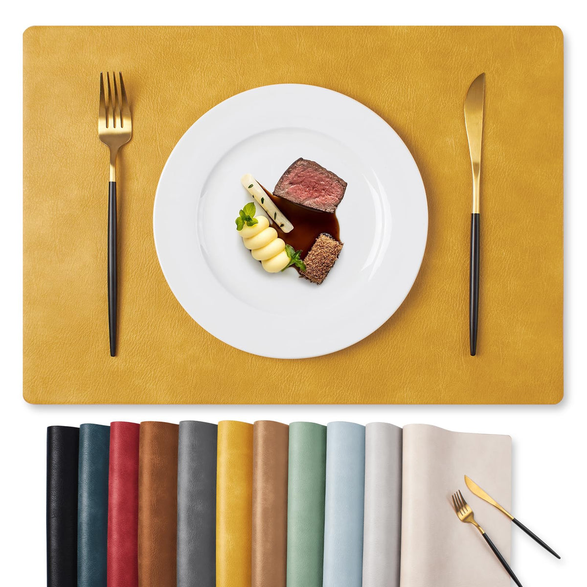 MOSAYT Vinyl Faux Leather Placemats, Set of 6, Black