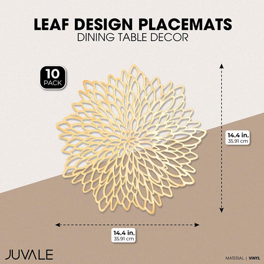 Juvale 10 Pack Gold Vinyl Placemats - 14.4" x 14.4" Round Table Mats and Plate Chargers with Leaf Design for Elegant Table Decor and Protection - Stylish Charger Plates for Events and Wedding Parties