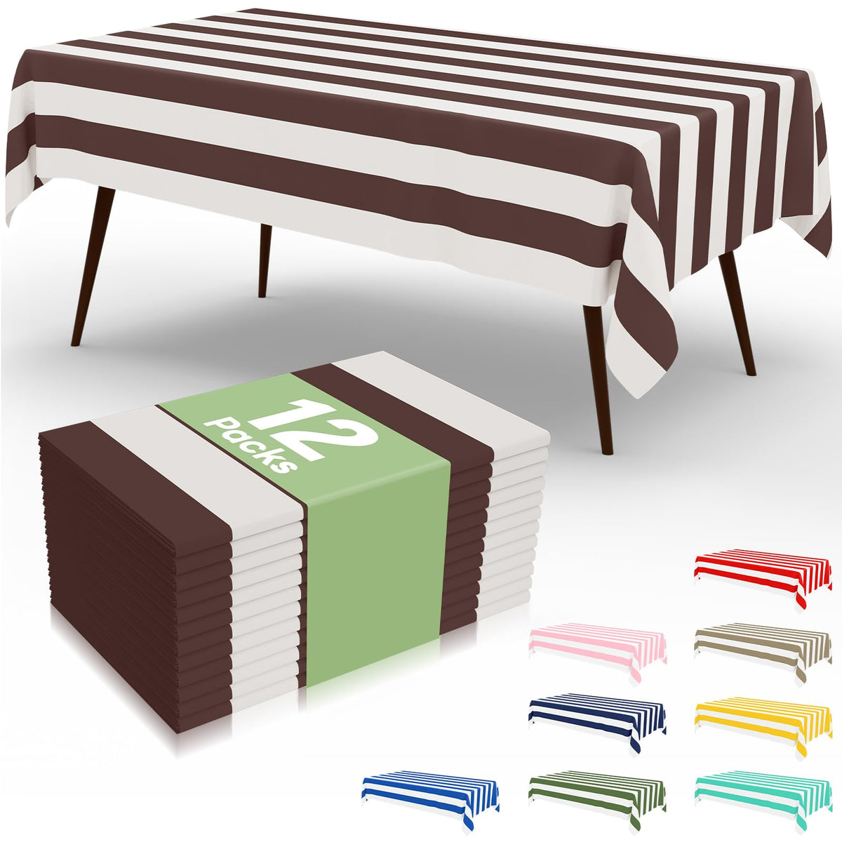 misaya 12 Packs Striped Disposable Table Cloth, 54 x 108 Inch Waterproof Rectangle Tablecloth, Leakproof & Sturdy Decorative Table Covers for Picnic, Party and Outdoor, Brown and White