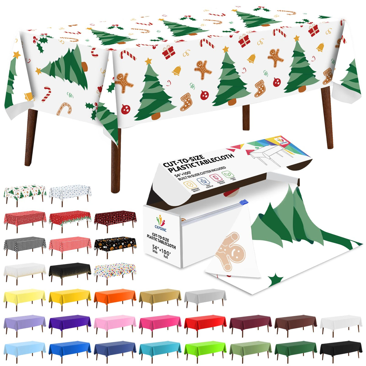 CXPSINC White Plastic Table Cloth Disposable Tablecloth Roll 54 Inch X 300 Feet Plastic Table Cover Roll with Slide Cutter for Picnics, Parties, Banquet, Birthdays, Weddings