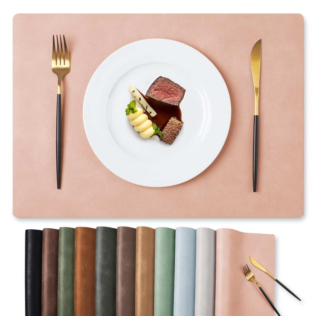 MOSAYT Vinyl Faux Leather Placemats, Set of 6, Black