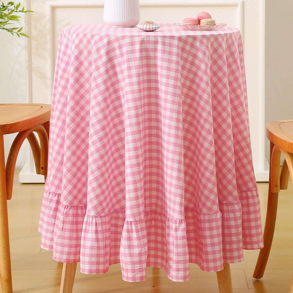 Taupe White Gingham Ruffled Tablecloth 120"x60"
