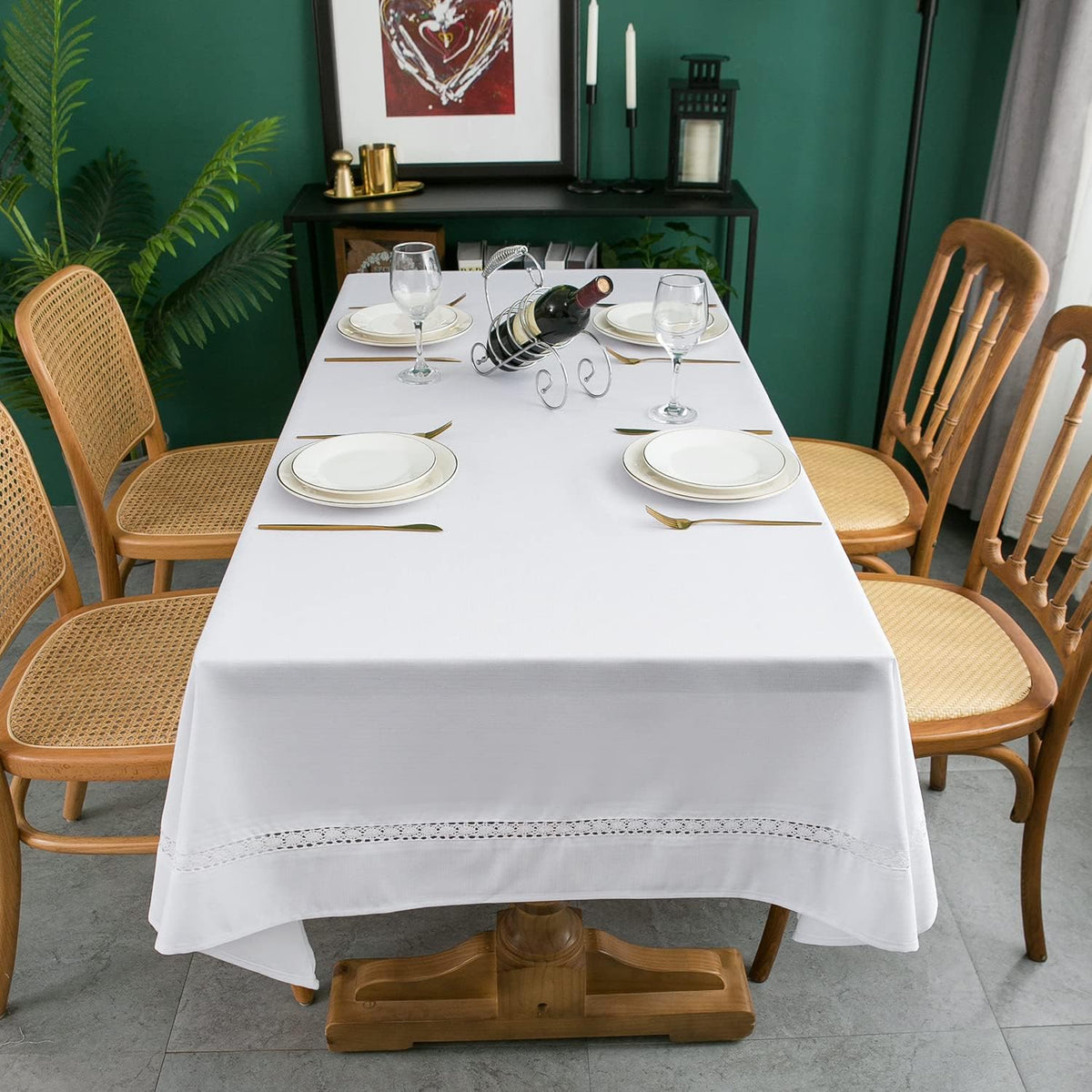 EHouseHome Heavy Duty Fabric Tablecloth with White Lace-Waterproof/Wrinkle Free/Stain Resistant/Oil Proof-for Dining,Indoor&Outdoor,Wedding,Holiday,White,Rectangle 60x120Inch