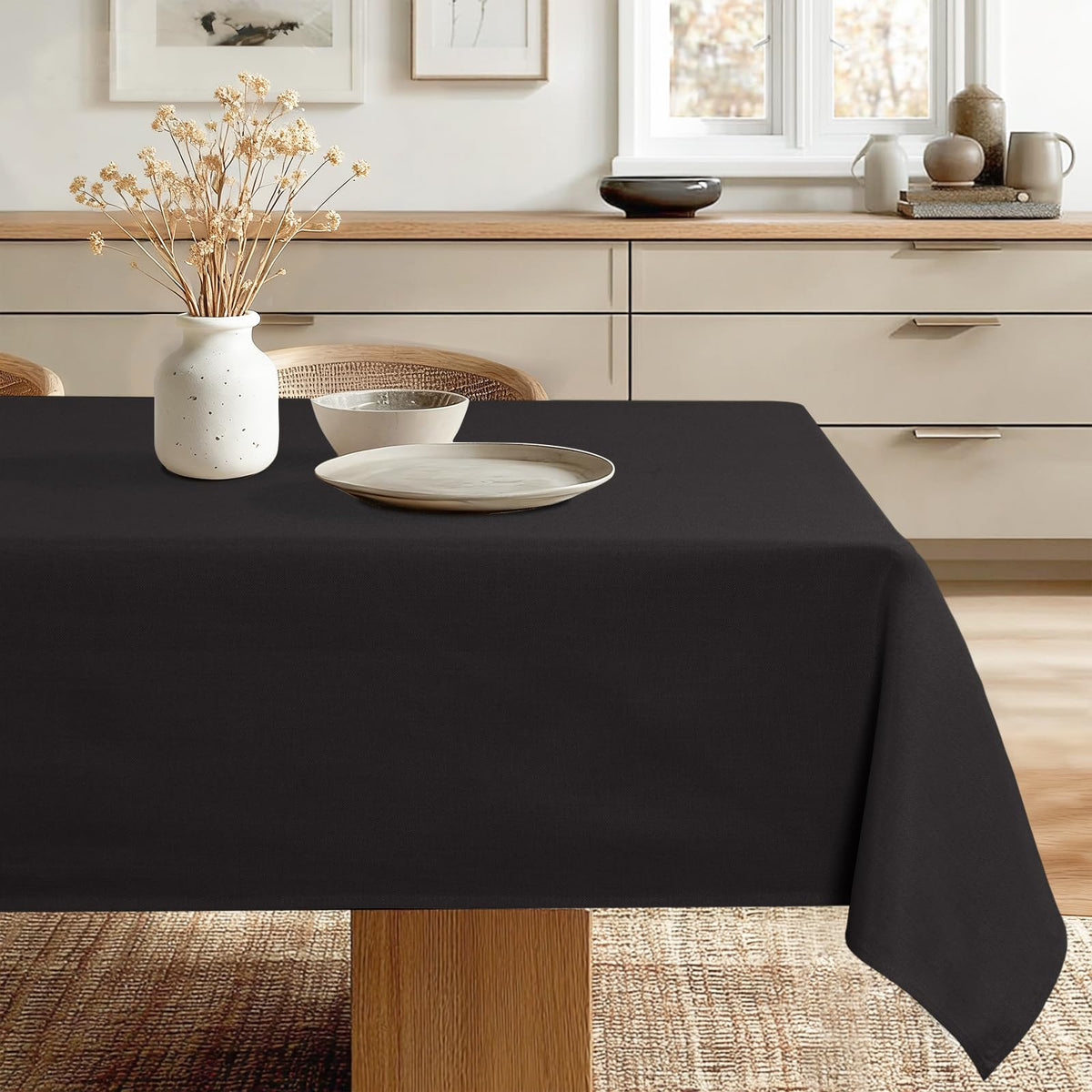 JIUZHEN Faux Linen Rectangle Tablecloth, Wrinkle Stain Resistant Farmhouse Textured Table Cloth Decorative Fabric for Kitchen, Dining, Party, Wedding,Outdoor Use,90 x 132 Inch,Beige