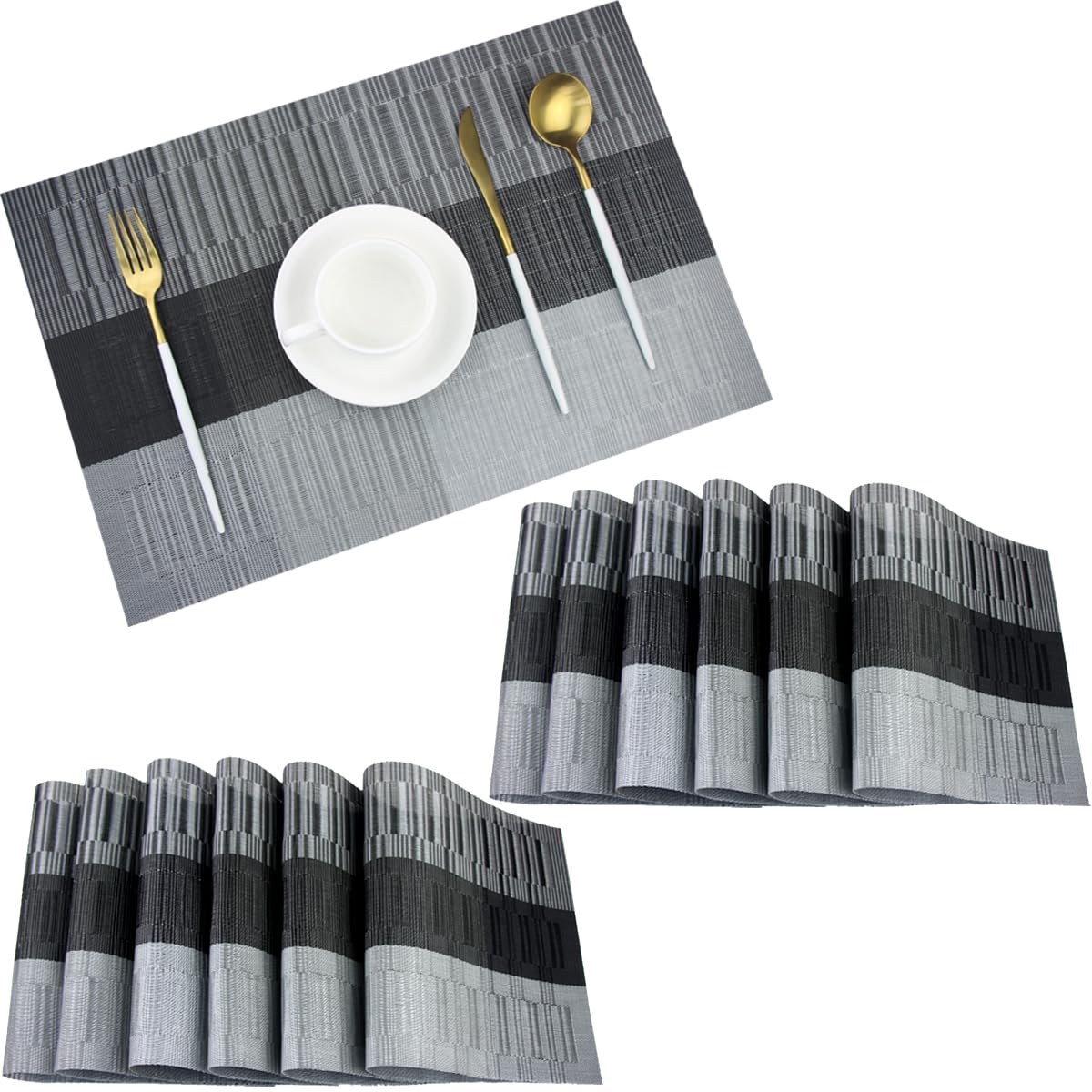 PIGCHCY Placemats,Washable Vinyl Woven Table Mats,Elegant Durable Placemats for Dining Table Set of 4 (18 x 12 inches, Pure Black)