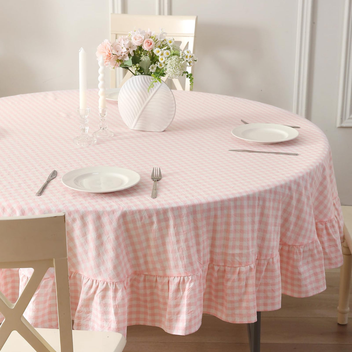 Taupe White Gingham Ruffled Tablecloth 120"x60"
