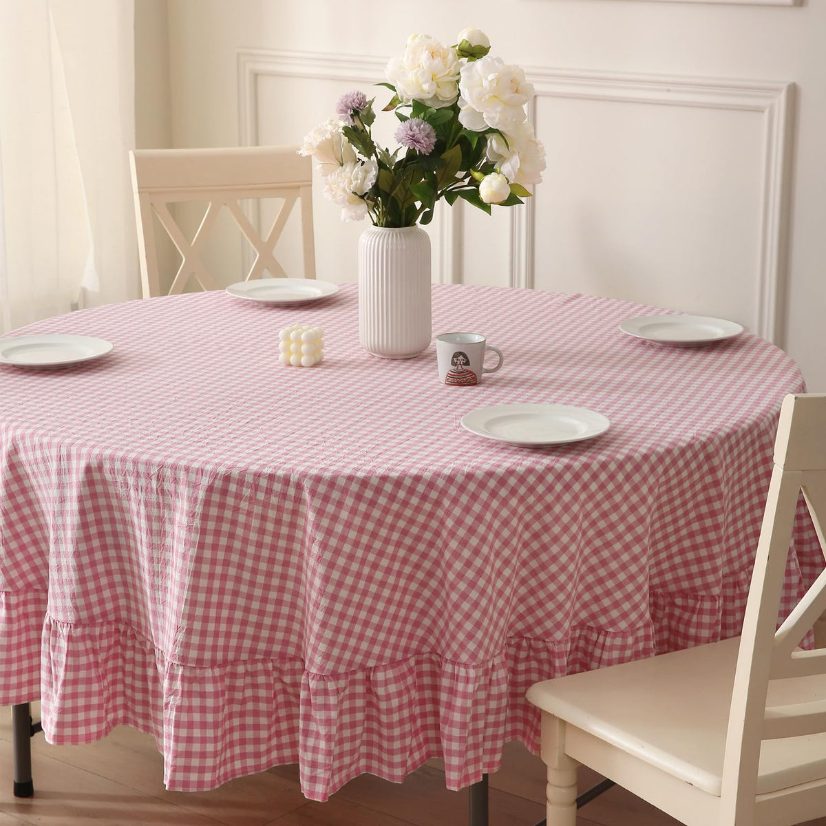Taupe White Gingham Ruffled Tablecloth 120"x60"