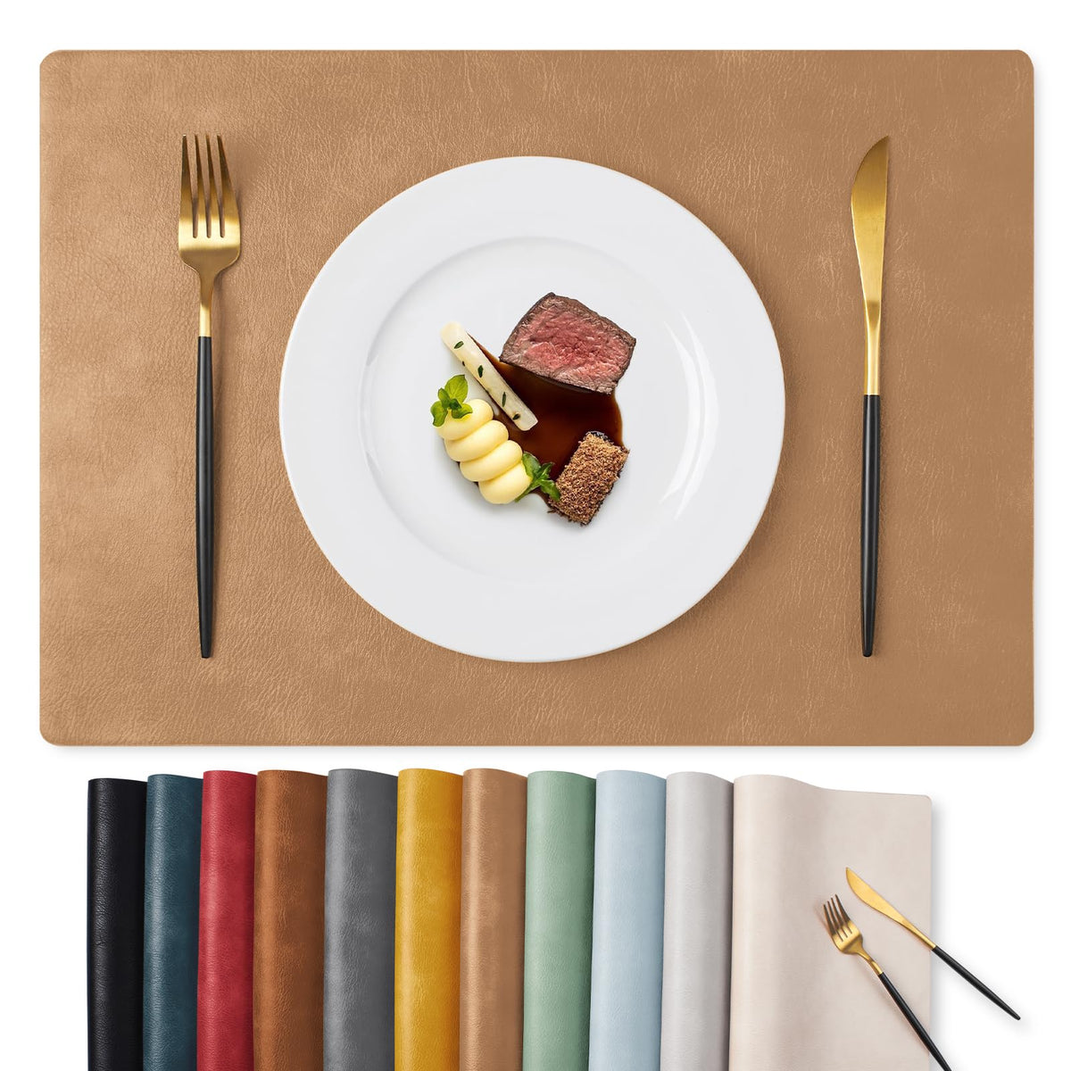 MOSAYT Vinyl Faux Leather Placemats, Set of 6, Black