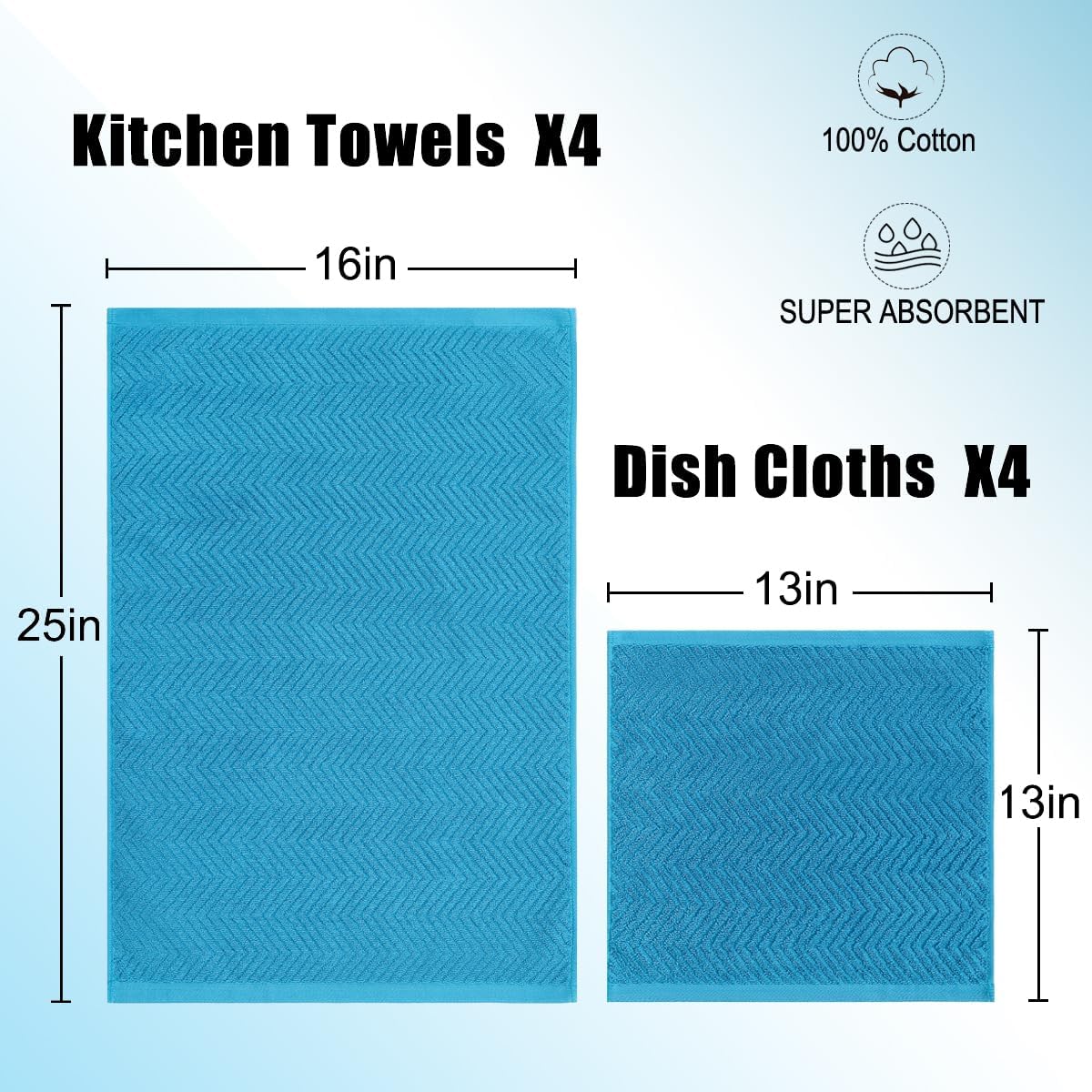 100% Cotton Kitchen Towels and Dishcloths Set, Pack of 8 Super Absorbent 16" x 25" Kitchen Towels and 13" x 13" Dish Cloths (400 GSM)