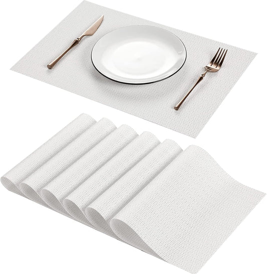 AHHFSMEI Placemats Set of 6 Washable Woven Vinyl Placemats for Dining Table Heat Resistant Non-Slip Stain Resistant Table Mats for Kitchen & Home Decor(White,6)