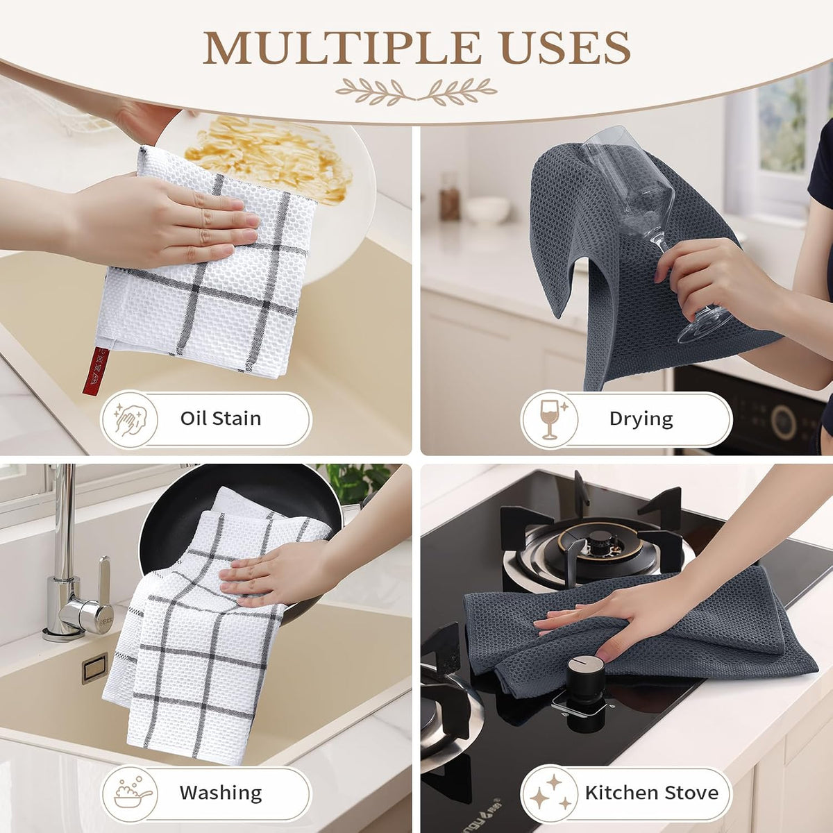 Homaxy 100% Cotton Waffle Weave Kitchen Dish Cloths 8-Pack, Dark Grey