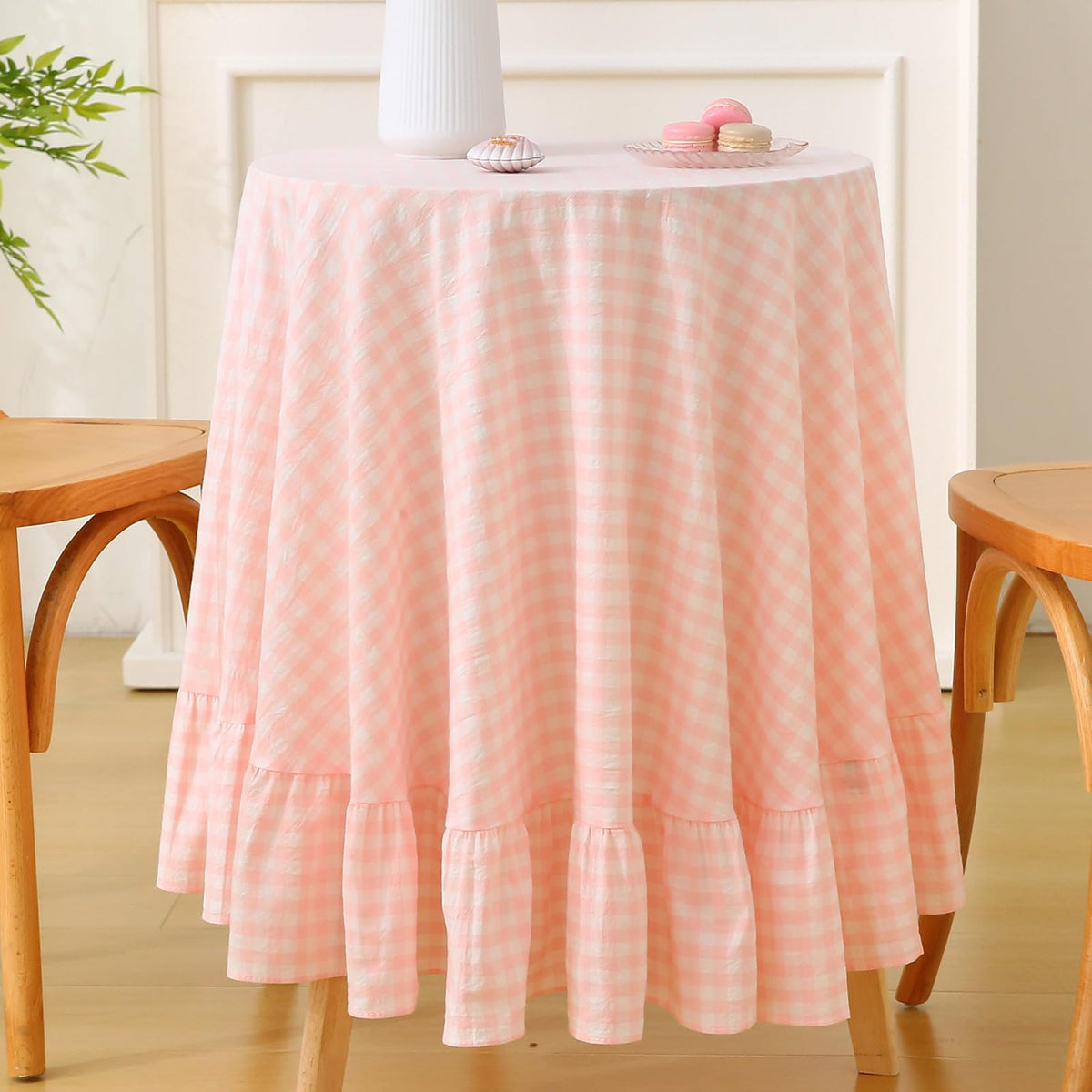 Taupe White Gingham Ruffled Tablecloth 120"x60"