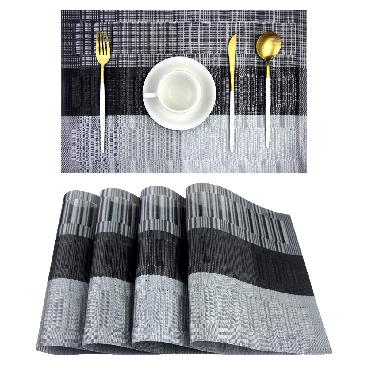 PIGCHCY Placemats,Washable Vinyl Woven Table Mats,Elegant Durable Placemats for Dining Table Set of 4 (18 x 12 inches, Pure Black)