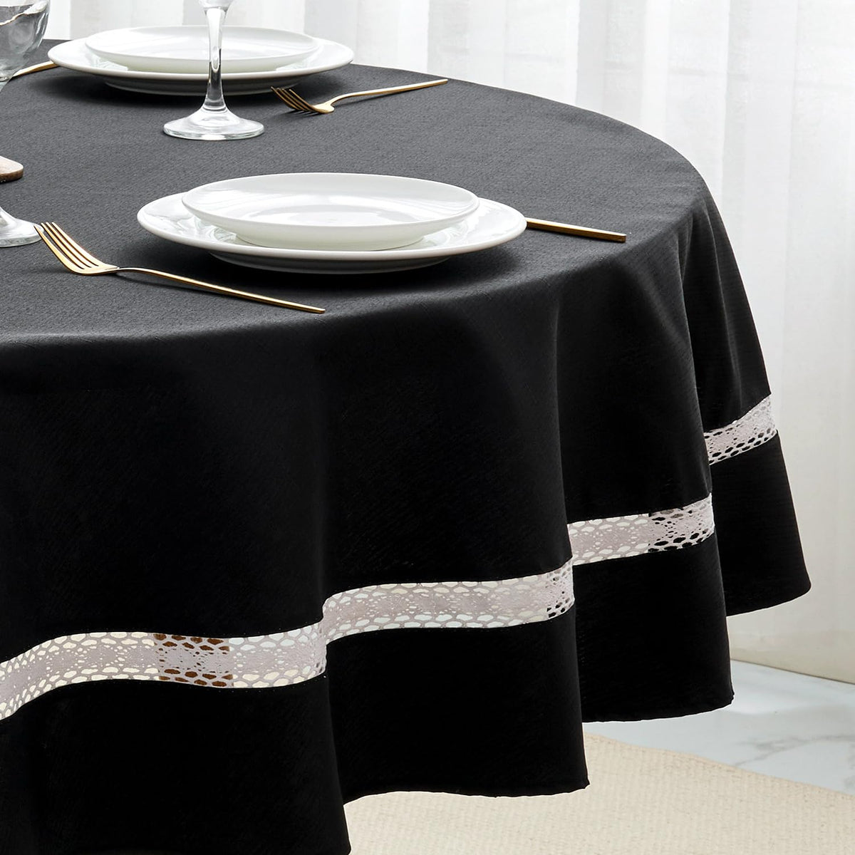 EHouseHome Heavy Duty Fabric Tablecloth with White Lace-Waterproof/Wrinkle Free/Stain Resistant/Oil Proof-for Dining,Indoor&Outdoor,Wedding,Holiday,White,Rectangle 60x120Inch