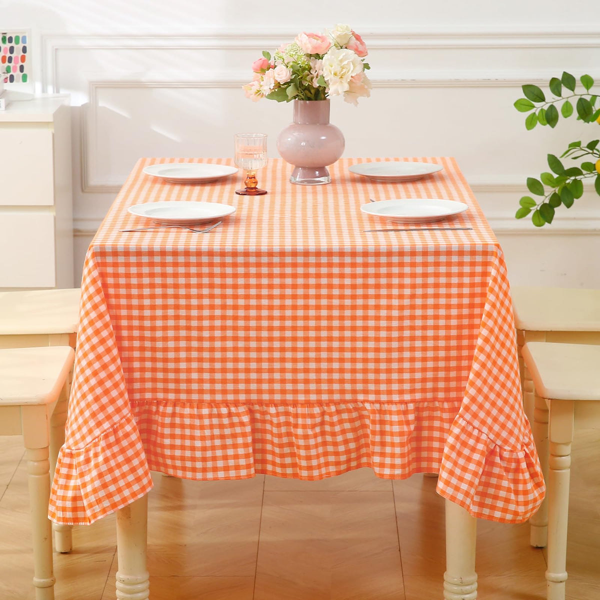 Taupe White Gingham Ruffled Tablecloth 120"x60"