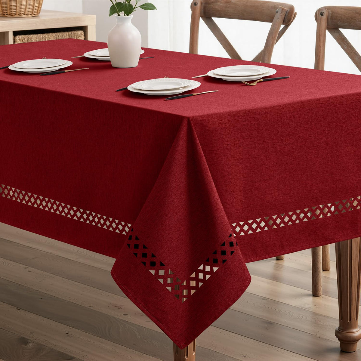 MIULEE Beige Rectangle Tablecloth with Decorative Cutouts 60x84 Inch