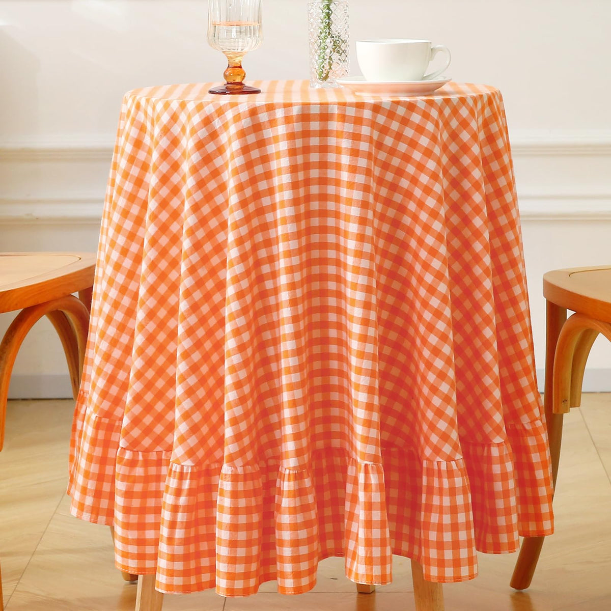 Taupe White Gingham Ruffled Tablecloth 120"x60"