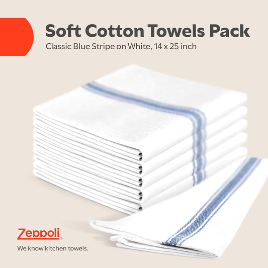 Zeppoli Classic Dish Towels - 15 Pack - 14" by 25" - 100% Cotton Kitchen Towels - Reusable Bulk Cleaning Cloths - Blue Hand Towels - Super Absorbent - Machine Washable