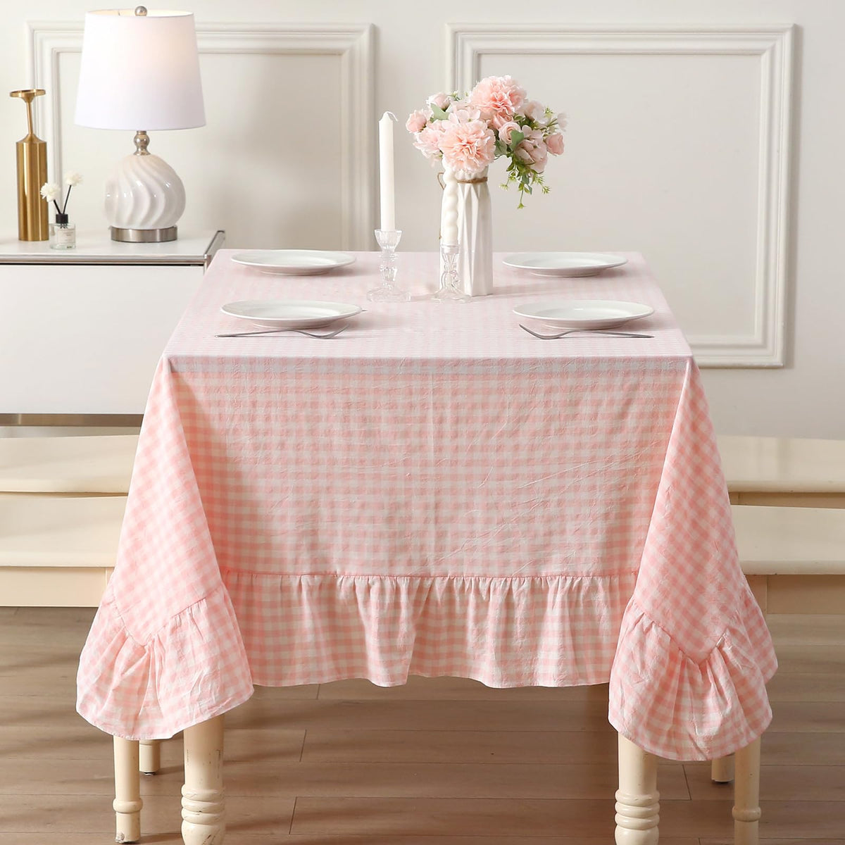 Taupe White Gingham Ruffled Tablecloth 120"x60"