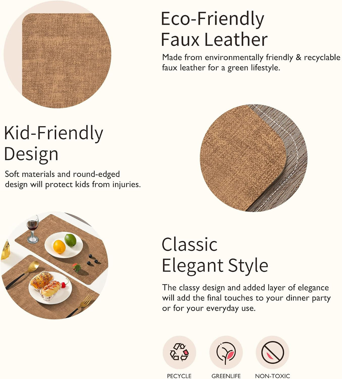 Maxpearl Faux Leather Placemats Set of 6, Easy to Clean, Brown