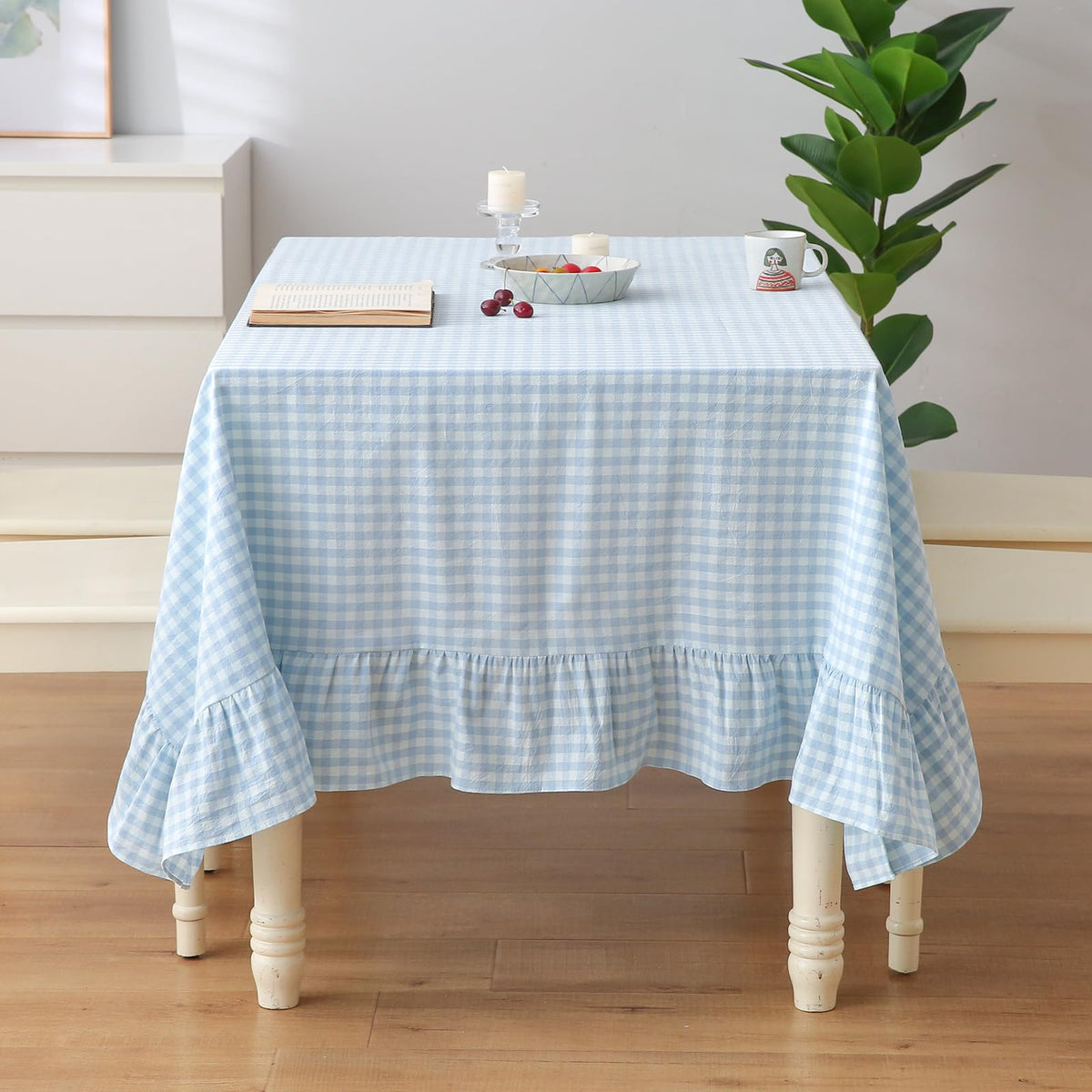 Taupe White Gingham Ruffled Tablecloth 120"x60"