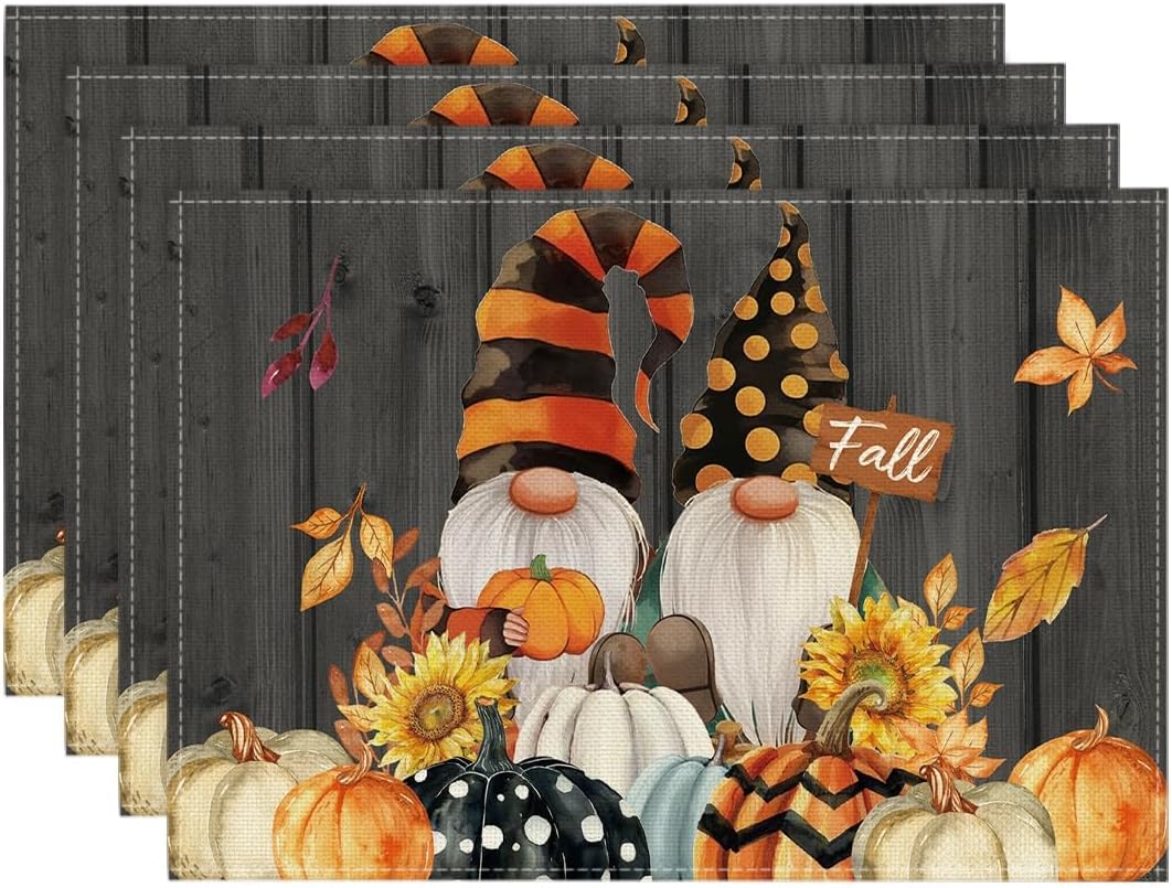 Artoid Mode Gnomes Pumpkins Fall Placemats Set of 4, 12x18 Inch Seasonal Autumn Thanksgiving Table Mats for Party Kitchen Dining Decoration