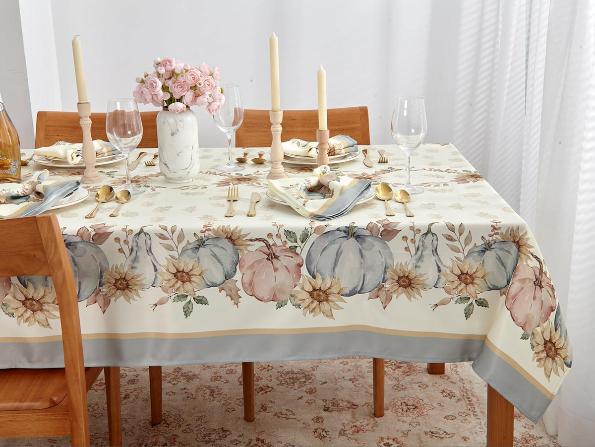 YiHomer Blue Pumpkin Bordered Thanksgiving Tabletop, Stonewashed Fall Pumpkin and Sunflower Cottage Print Easy Care Fabric, Farmhouse Harvest, Tablecloth, 52 x 52 Square