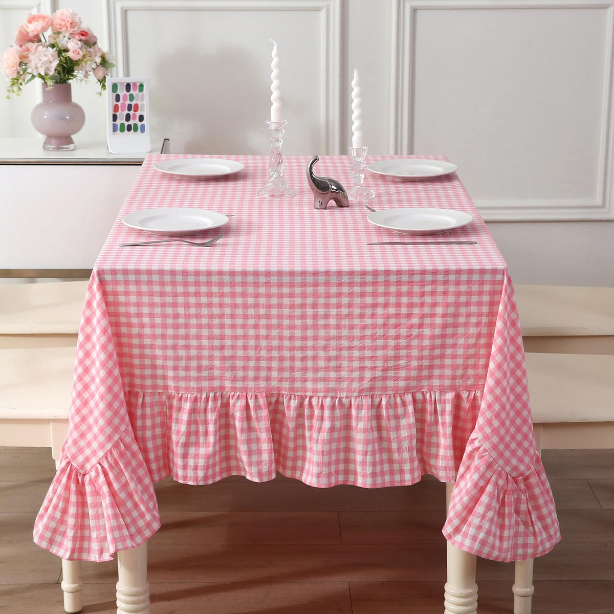 Taupe White Gingham Ruffled Tablecloth 120"x60"
