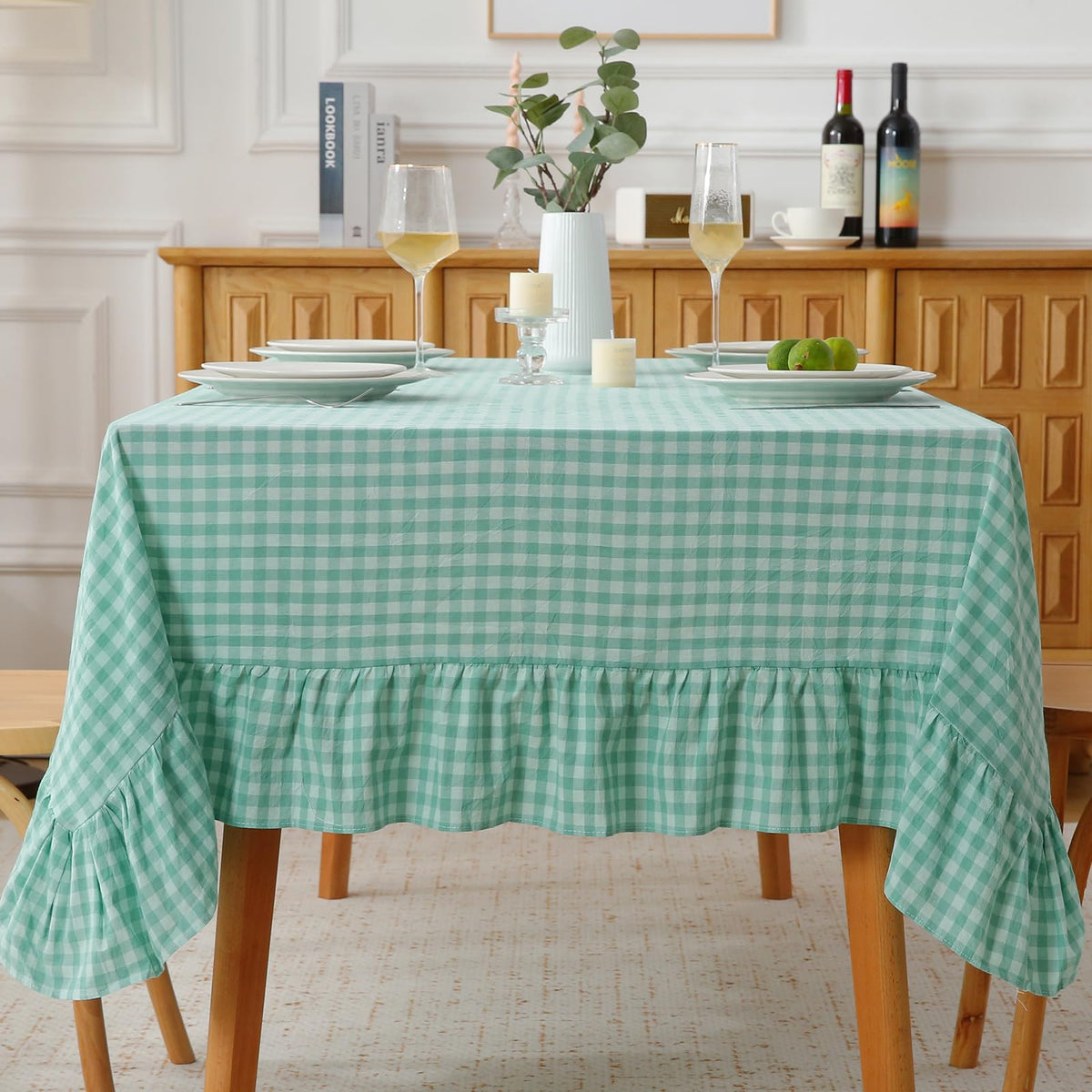 Taupe White Gingham Ruffled Tablecloth 120"x60"