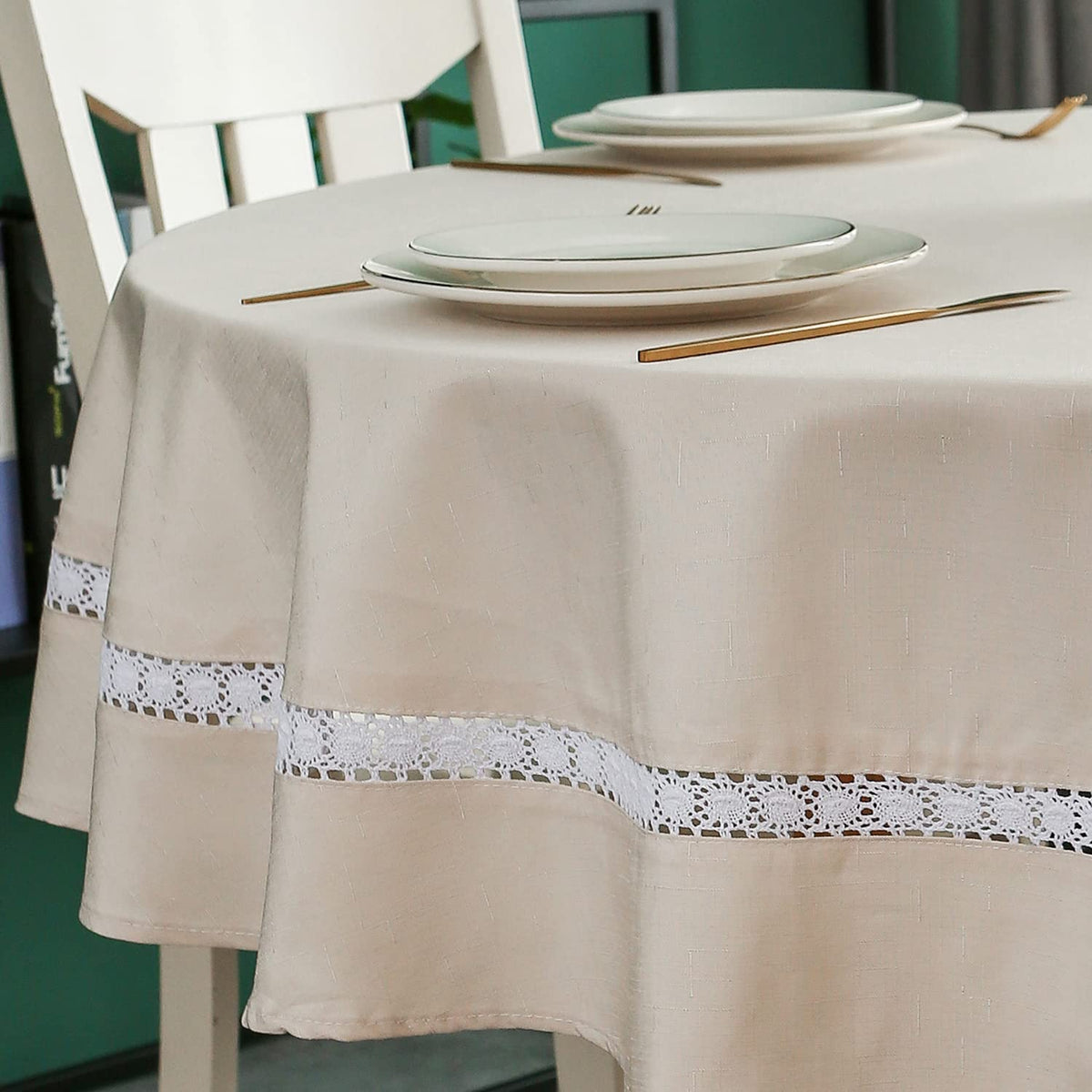 EHouseHome Heavy Duty Fabric Tablecloth with White Lace-Waterproof/Wrinkle Free/Stain Resistant/Oil Proof-for Dining,Indoor&Outdoor,Wedding,Holiday,White,Rectangle 60x120Inch