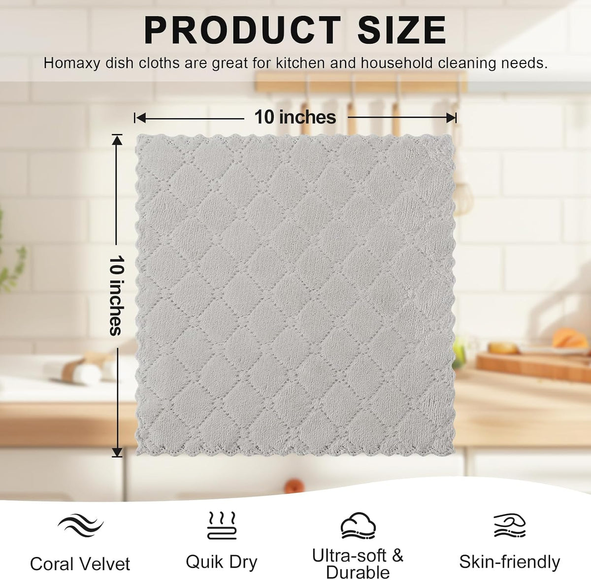 Homaxy 12 Pack Super Soft & Absorbent Dish Cloths, 10" x 10", Grey