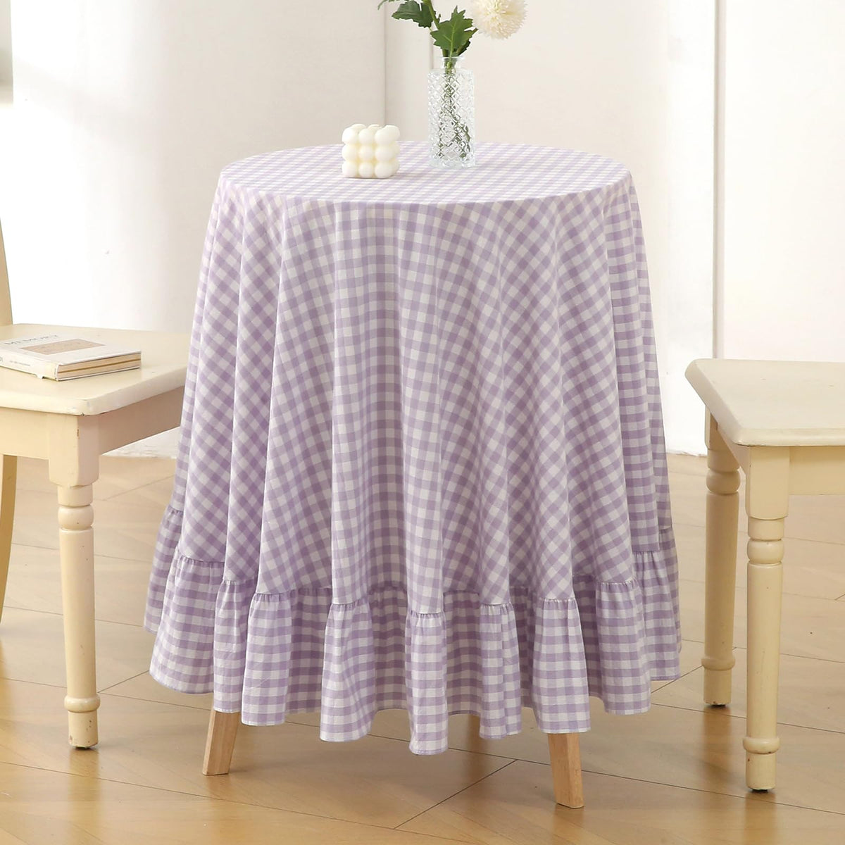 Taupe White Gingham Ruffled Tablecloth 120"x60"