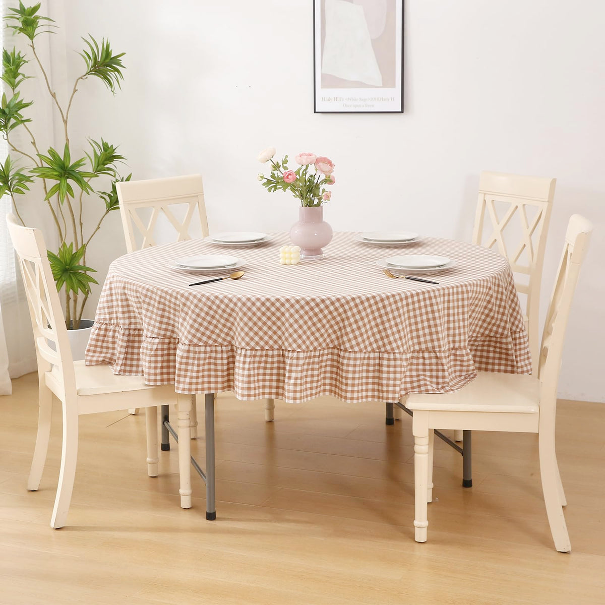 Taupe White Gingham Ruffled Tablecloth 120"x60"