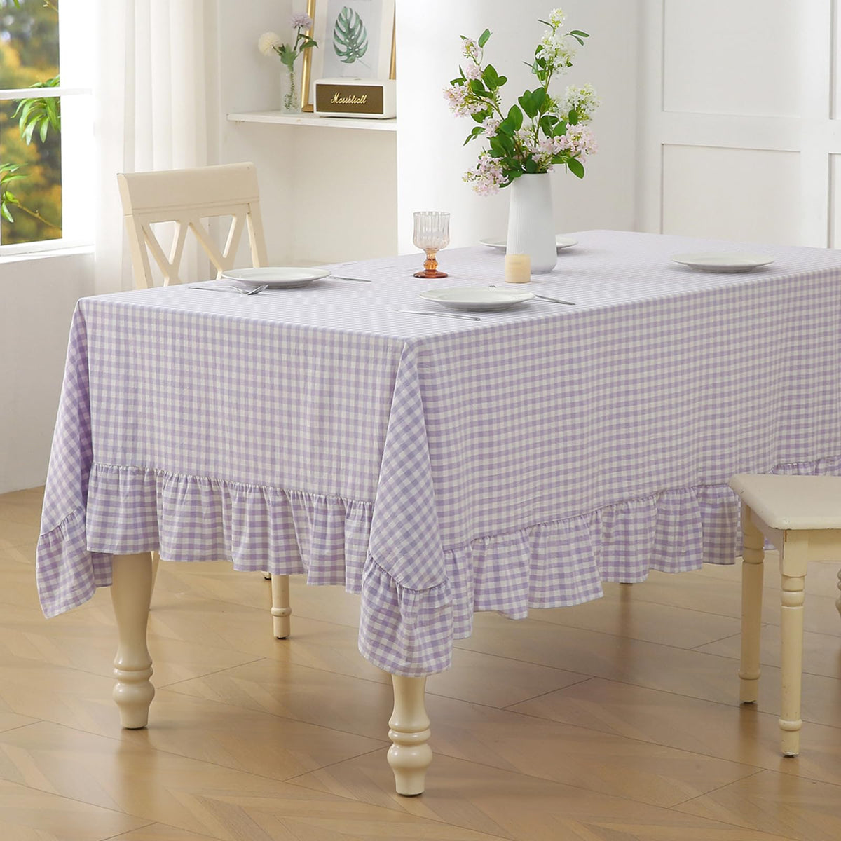 Taupe White Gingham Ruffled Tablecloth 120"x60"