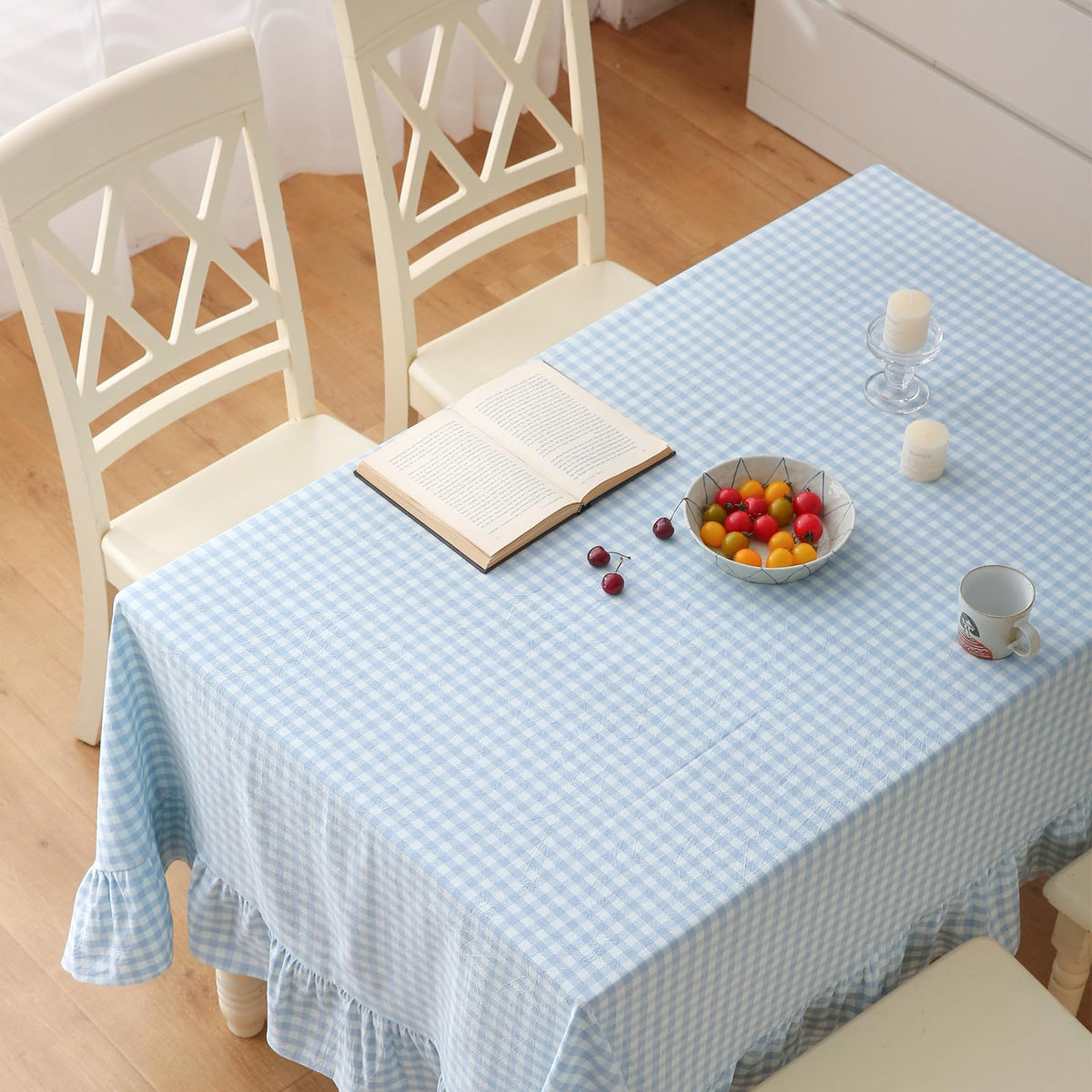 Taupe White Gingham Ruffled Tablecloth 120"x60"