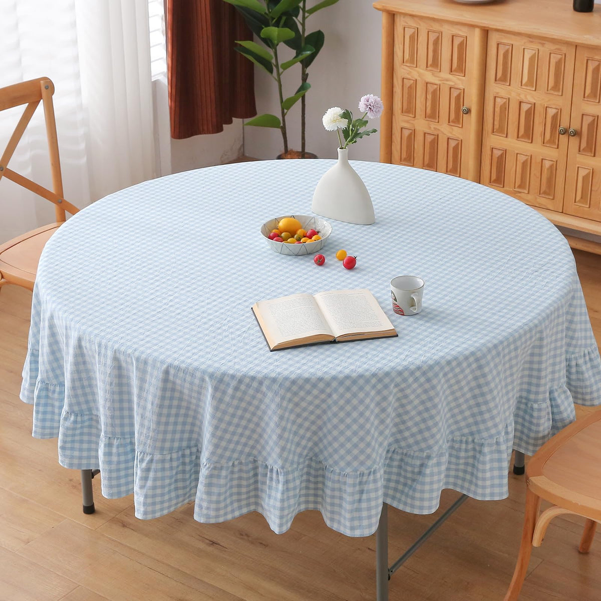 Taupe White Gingham Ruffled Tablecloth 120"x60"