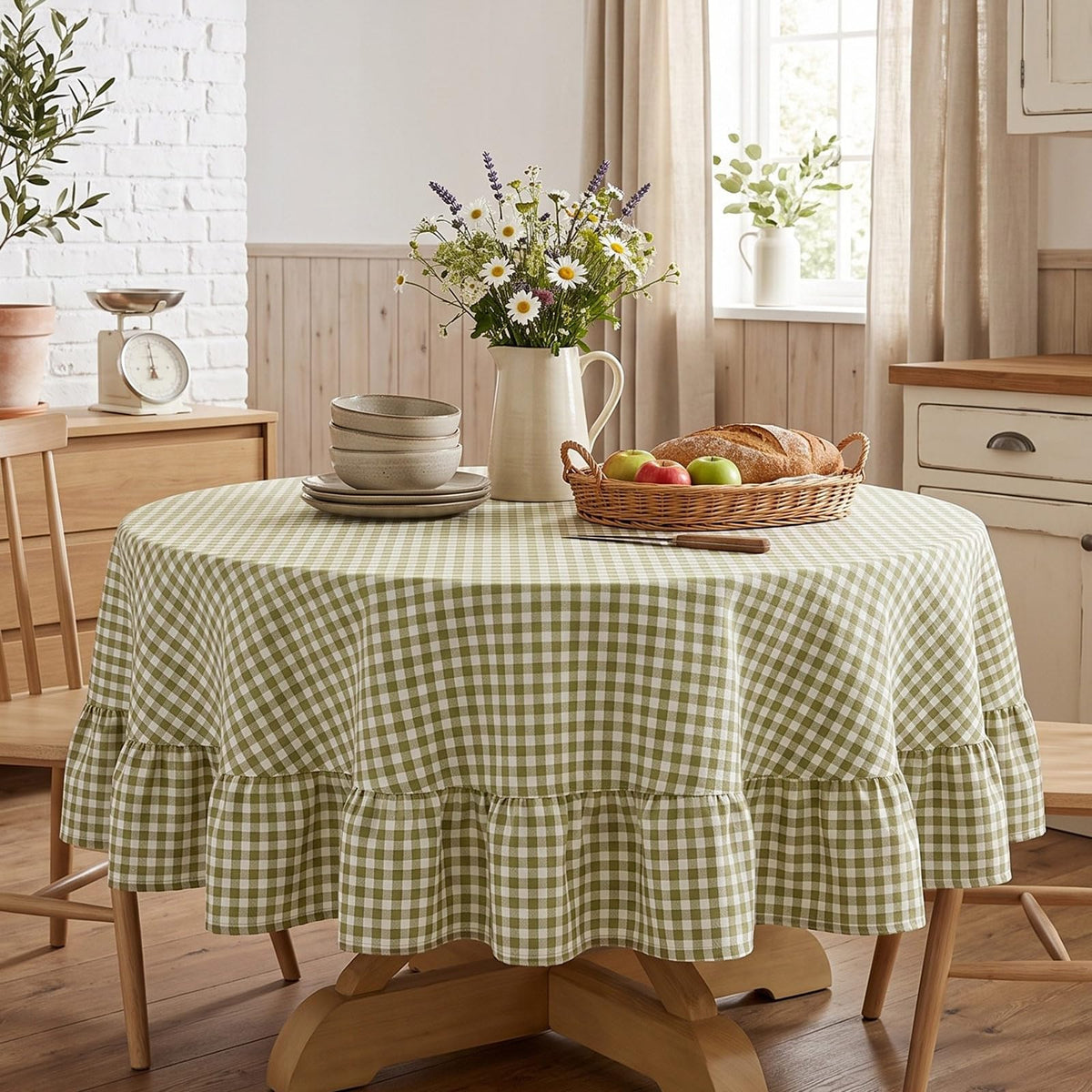 Mindsoft Brown Ruffled Gingham Tablecloth, 52 x 70 Inches, Rectangle