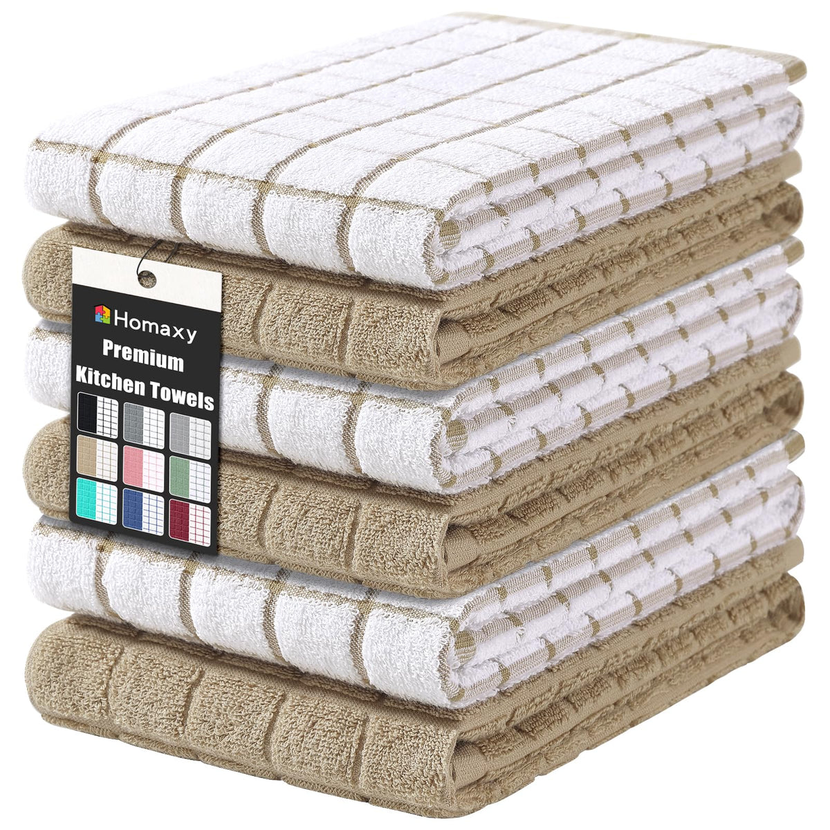 Homaxy Premium Cotton Kitchen Dish Cloths 12"x 12", 6 Pack, Tan