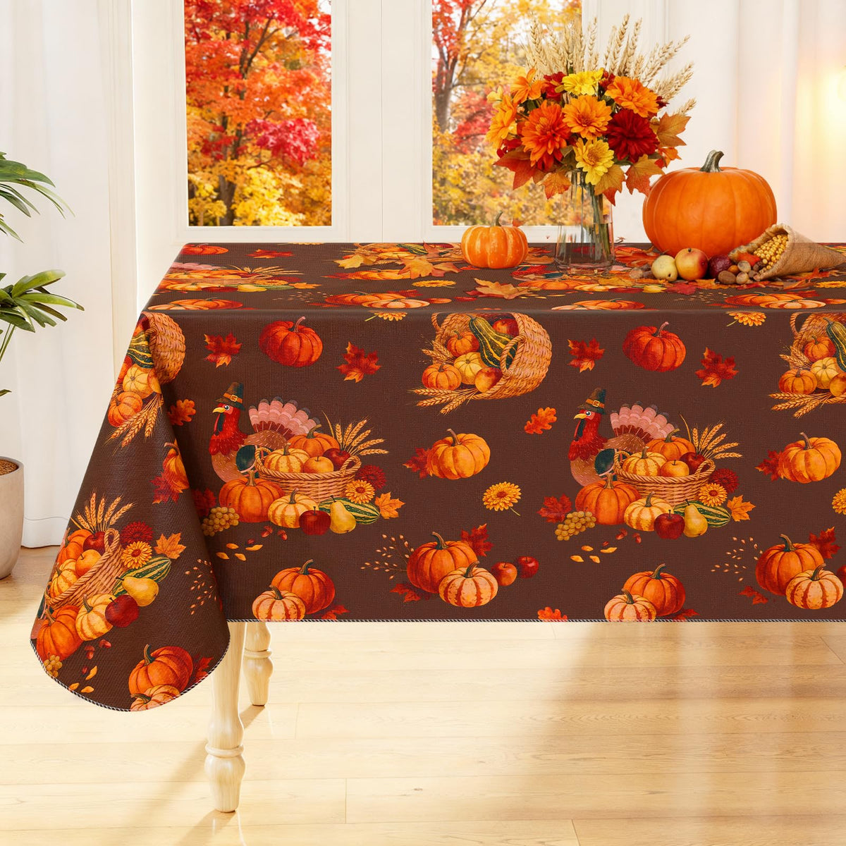 Smiry Fall Tablecloth, Flannel Backed Vinyl Table Cloth, 60"x84"