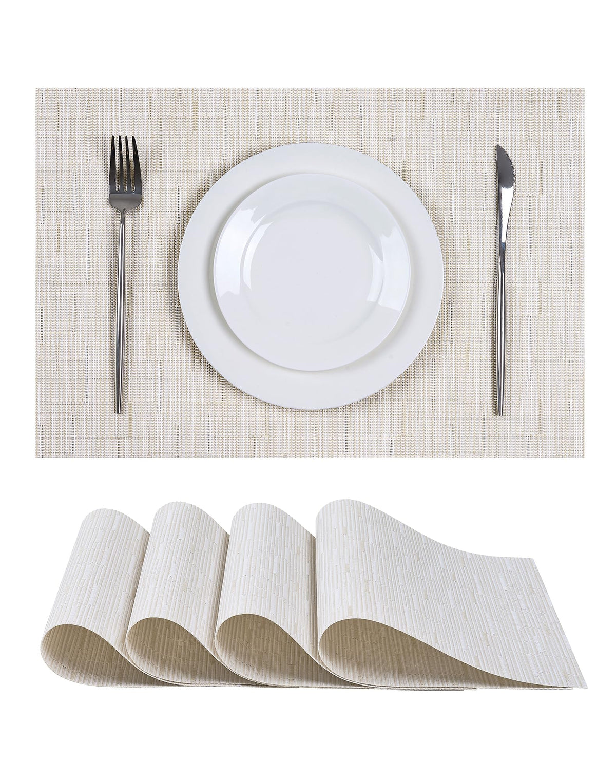 Beige White Placemats Set of 4 - Heat Resistant Non-Slip Place mats for Dining Table, Washable Durable PVC Vinyl Woven Table Mats(Beige White, 4)