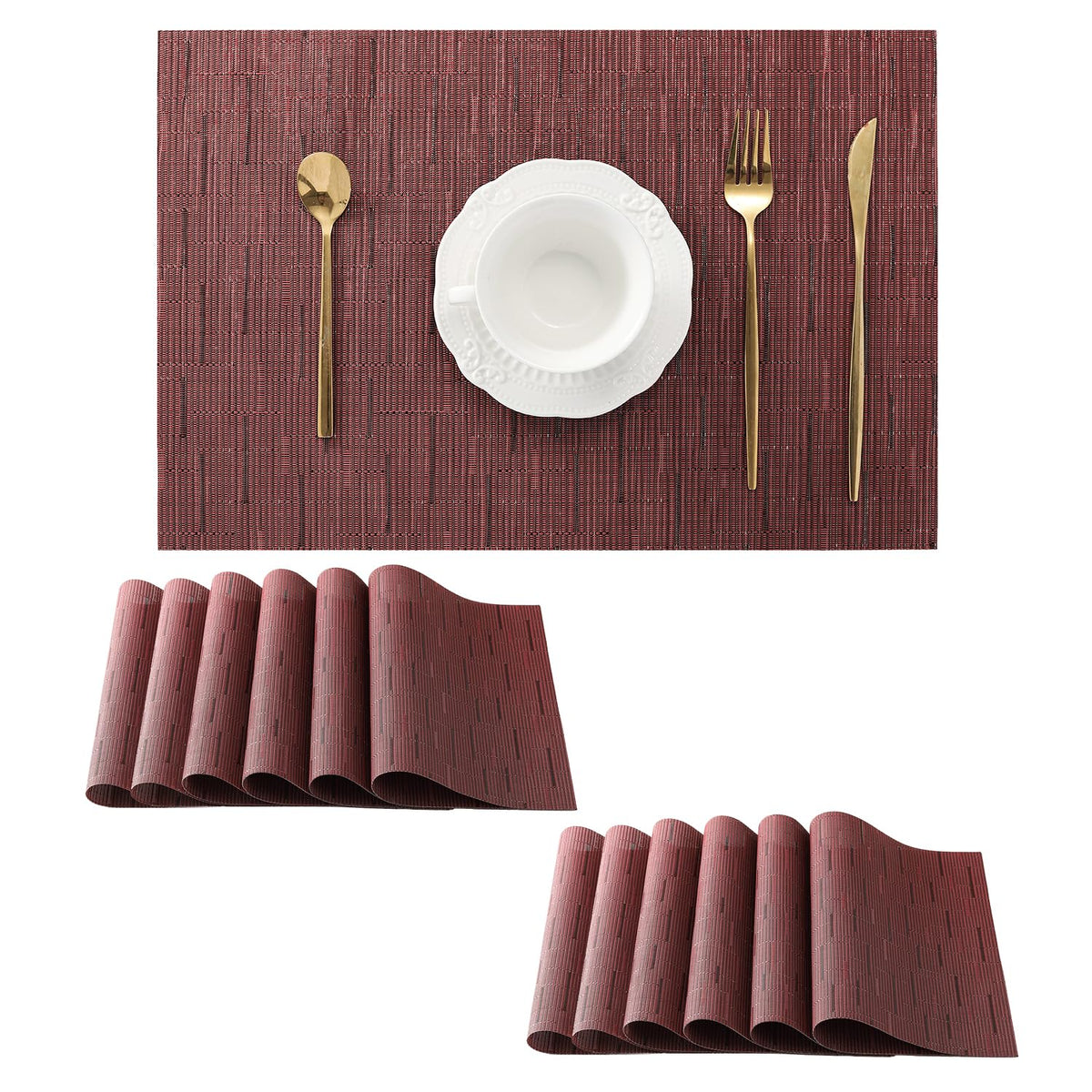 Beige Placemats Set of 6 - Heat-Resistant, Non-Slip Table Mats, Washable Woven Vinyl for Indoor & Outdoor Dining