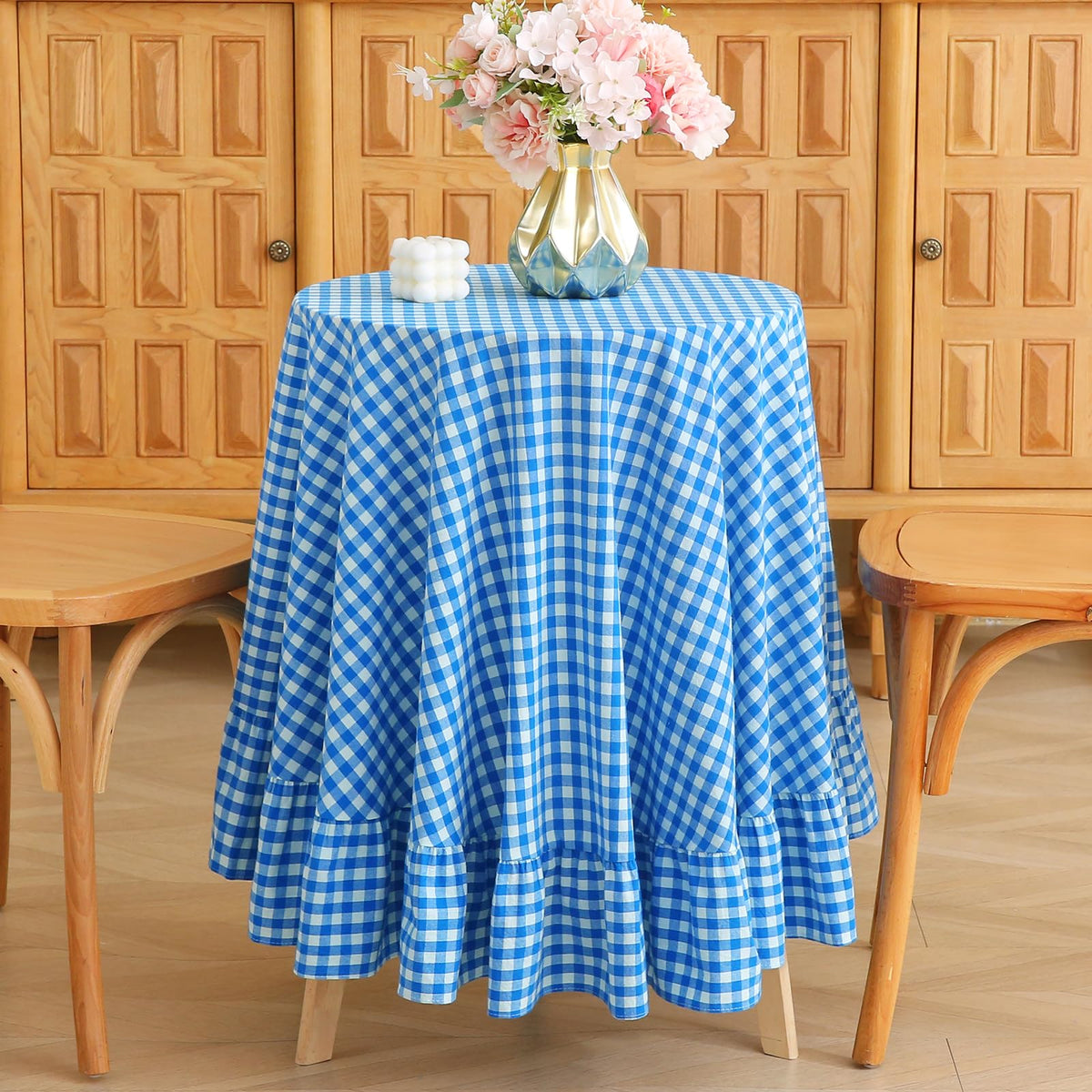 Taupe White Gingham Ruffled Tablecloth 120"x60"
