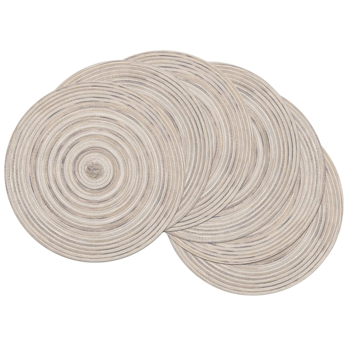 SHACOS 15 inch Round Placemats Set of 6, Cotton Polyester Woven Braided Place Mats, Washable Heat Resistant Circle Table Mats for Dining Table (Beige, 6)